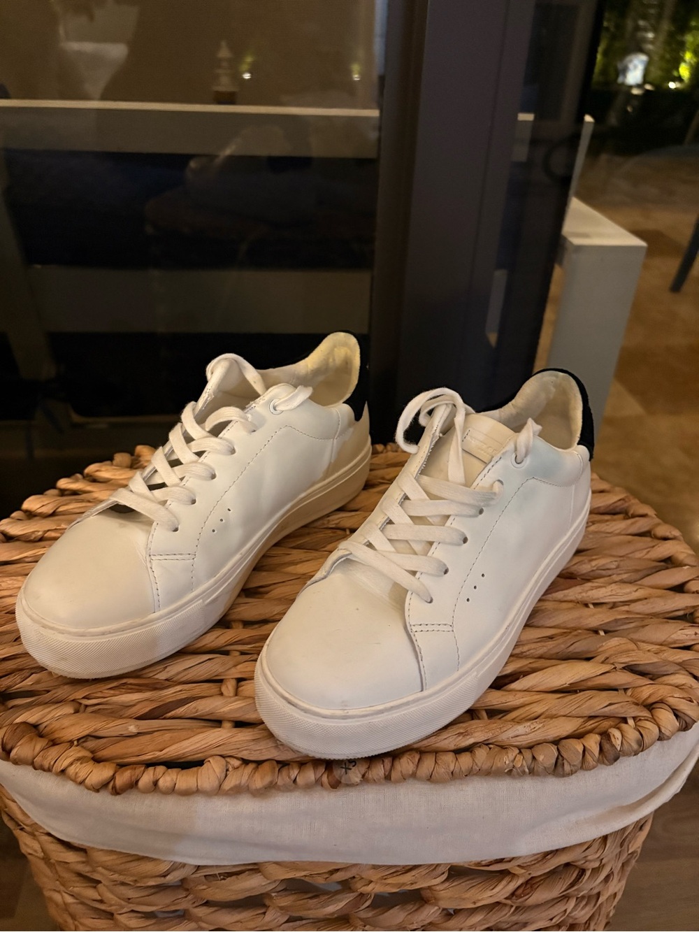 Women's White Leather Low-Top Sneakers with Black Heel Accent